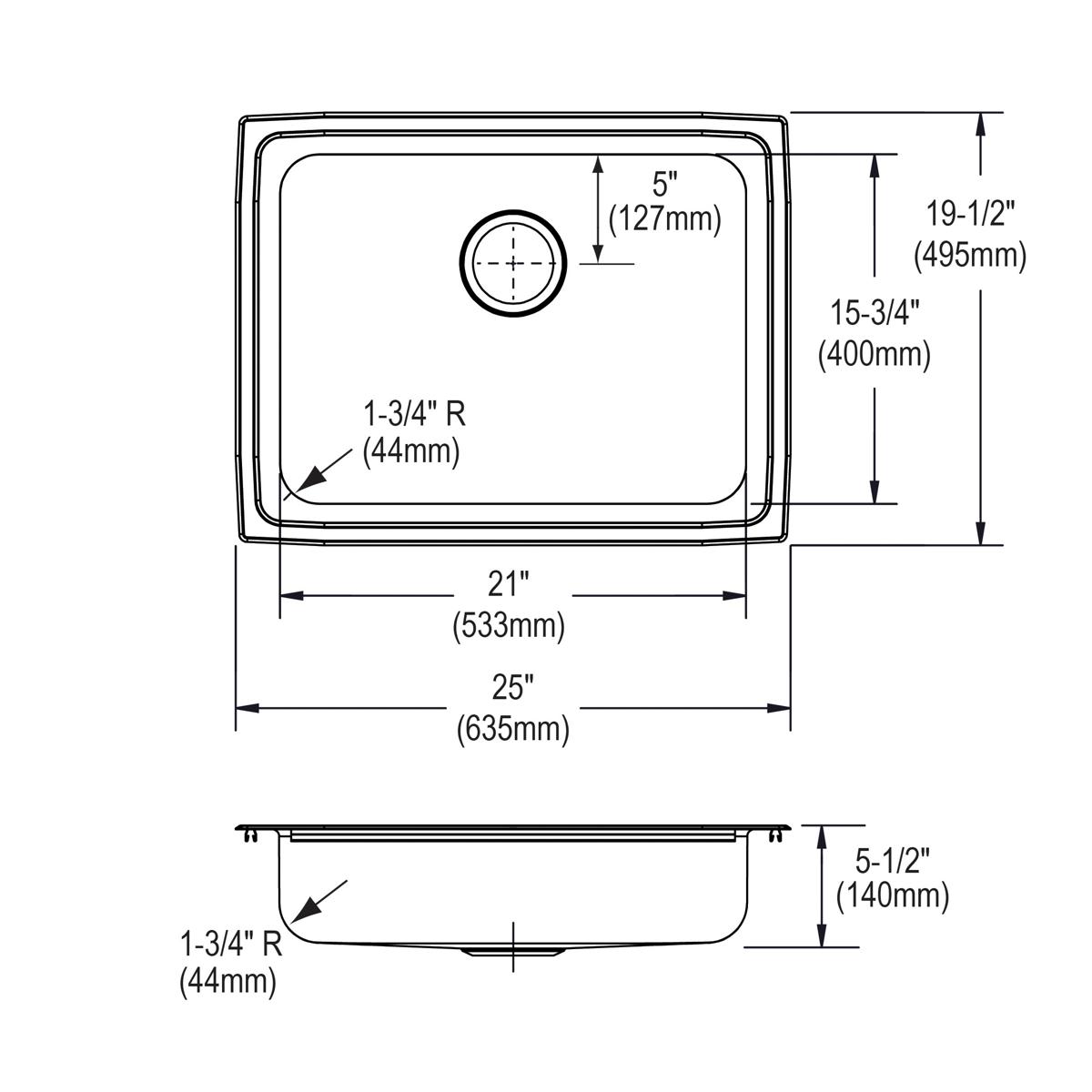 Top and side view technical drawings of a single bowl stainless steel drop-in sink with dimensions and faucet hole placement.