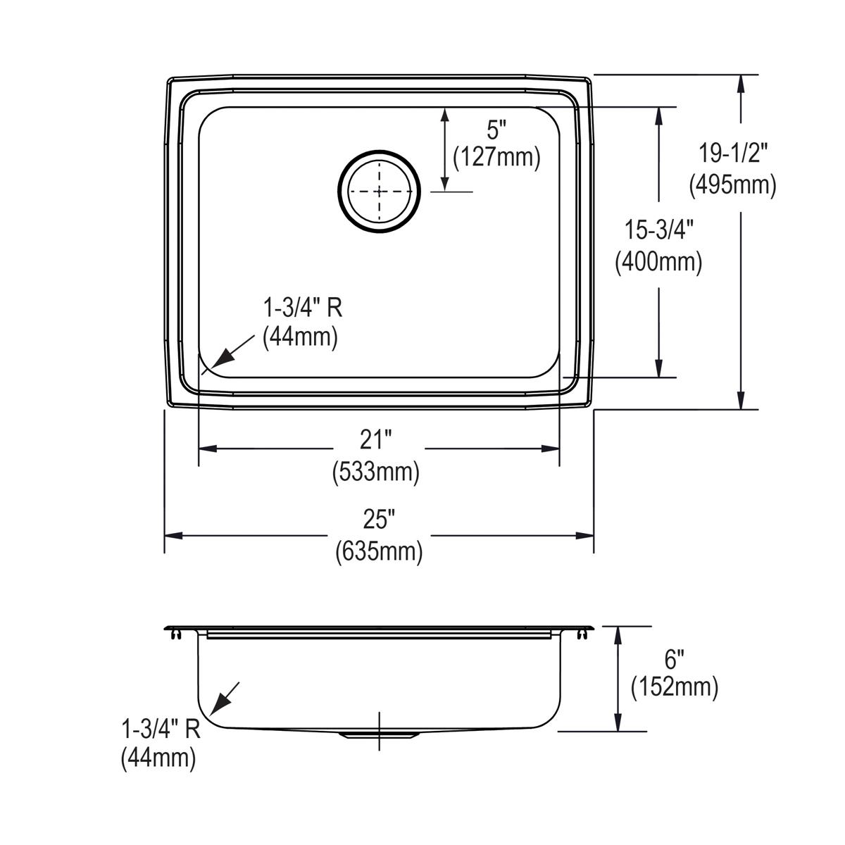 Top and side view technical drawings of a stainless steel rectangular single bowl drop-in sink with dimensions and drain hole