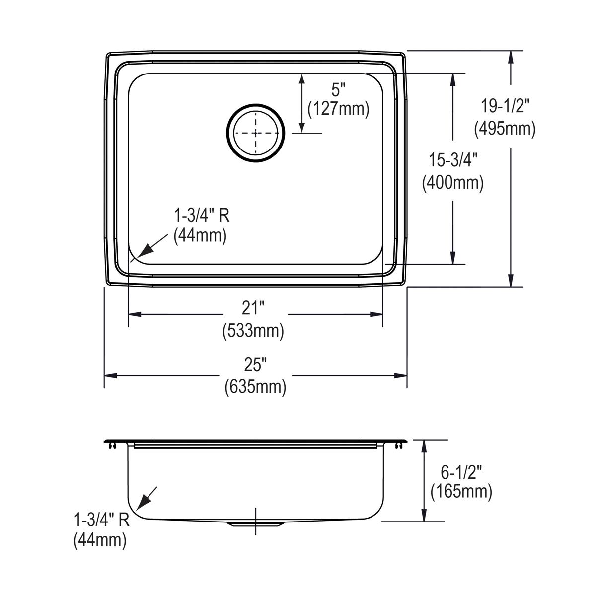 Stainless steel drop-in sink with single rectangular bowl and rounded corners, shown in top and side view with dimension spec