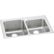 Stainless steel double bowl drop-in sink with white rim, two drain holes, and offset bowl sizes.