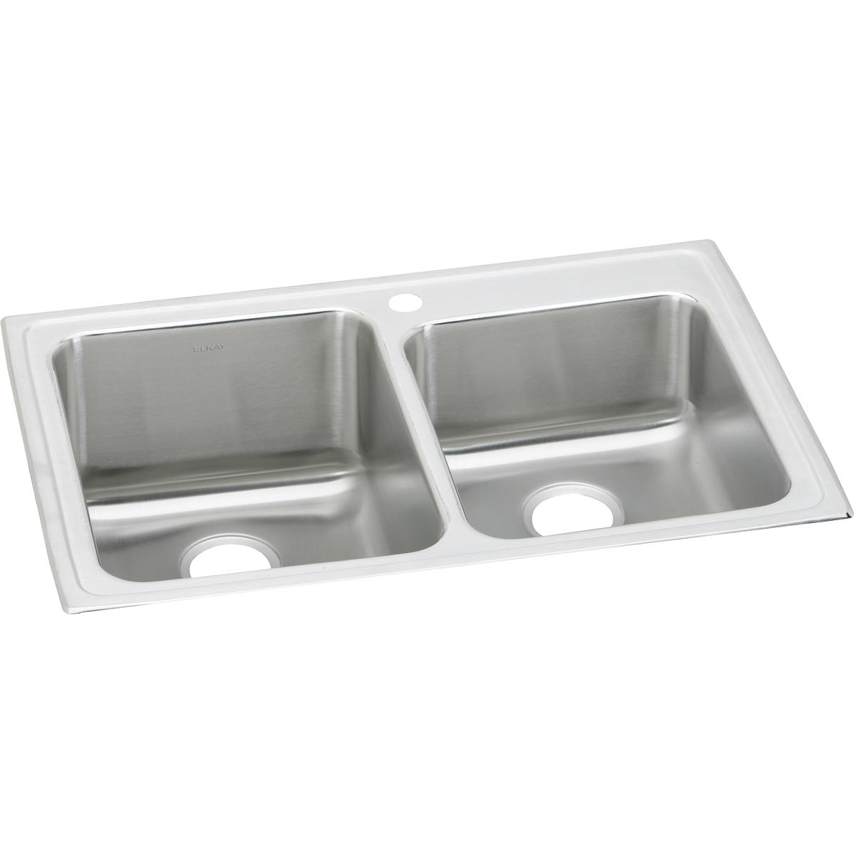 Stainless steel double bowl drop-in sink with white rim, two drain holes, and offset bowl sizes.
