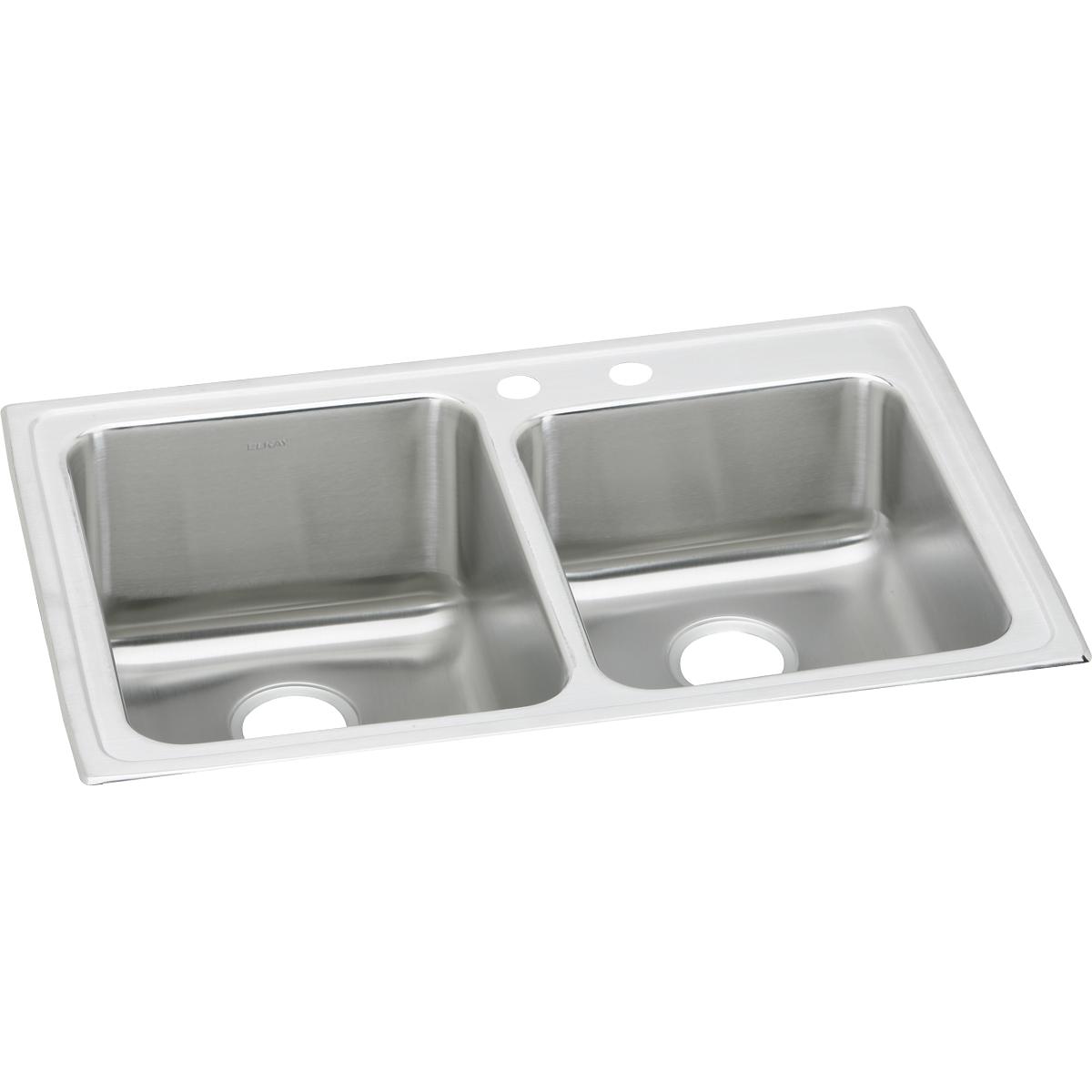 Stainless steel drop-in sink with two unequal bowls and two pre-drilled faucet holes on the rim.