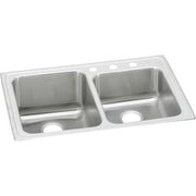 Stainless steel drop-in double bowl sink with offset design and three faucet holes in rim.