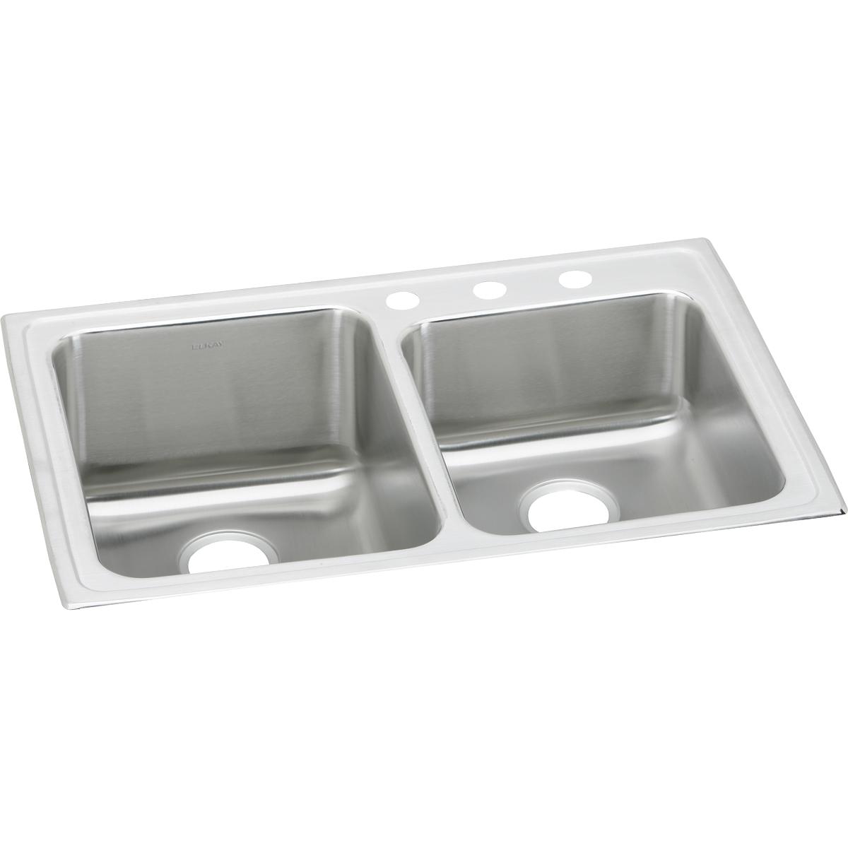 Stainless steel drop-in double bowl sink with offset design and three faucet holes in rim.
