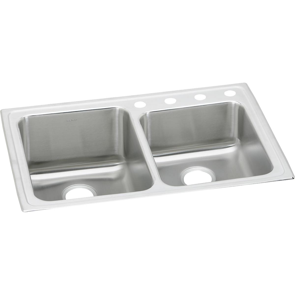 Stainless steel double bowl drop-in sink with four pre-drilled holes and offset bowls in brushed finish.