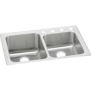Stainless steel double bowl drop-in sink with four pre-drilled holes and offset bowls in brushed finish.