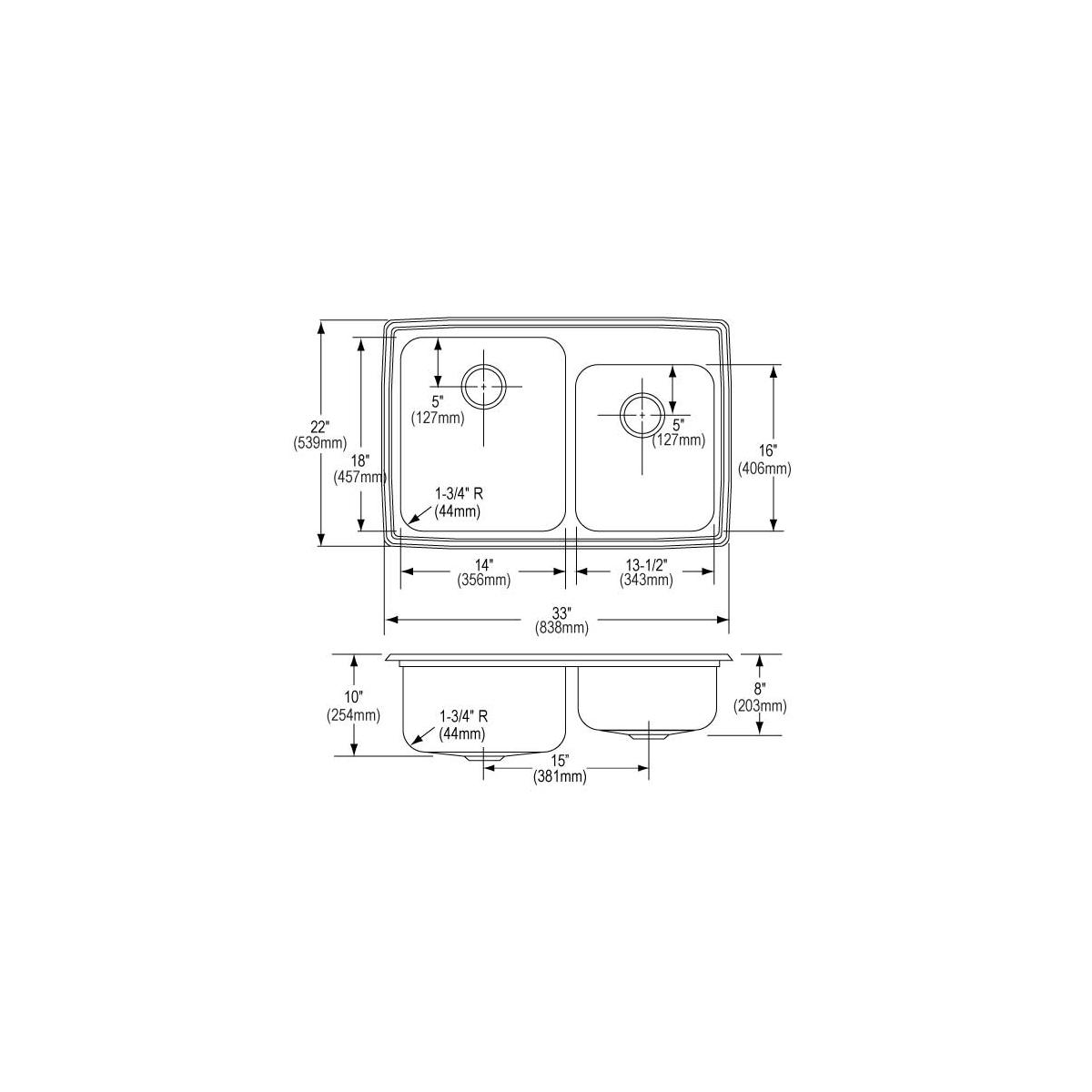 Stainless steel double bowl drop-in sink with offset design and detailed dimension measurements shown in top and side views.