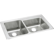 Stainless steel double bowl drop-in sink with two rectangular basins and drain holes.