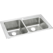Stainless steel double bowl drop-in sink with two faucet holes and offset bowl sizes.