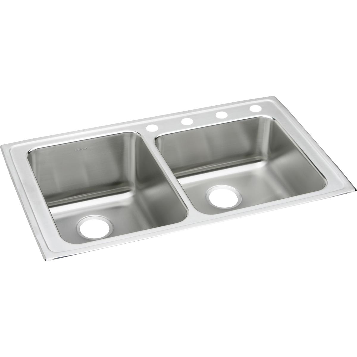 Stainless steel double bowl drop-in sink with four faucet holes along the rim and offset bowl sizes.
