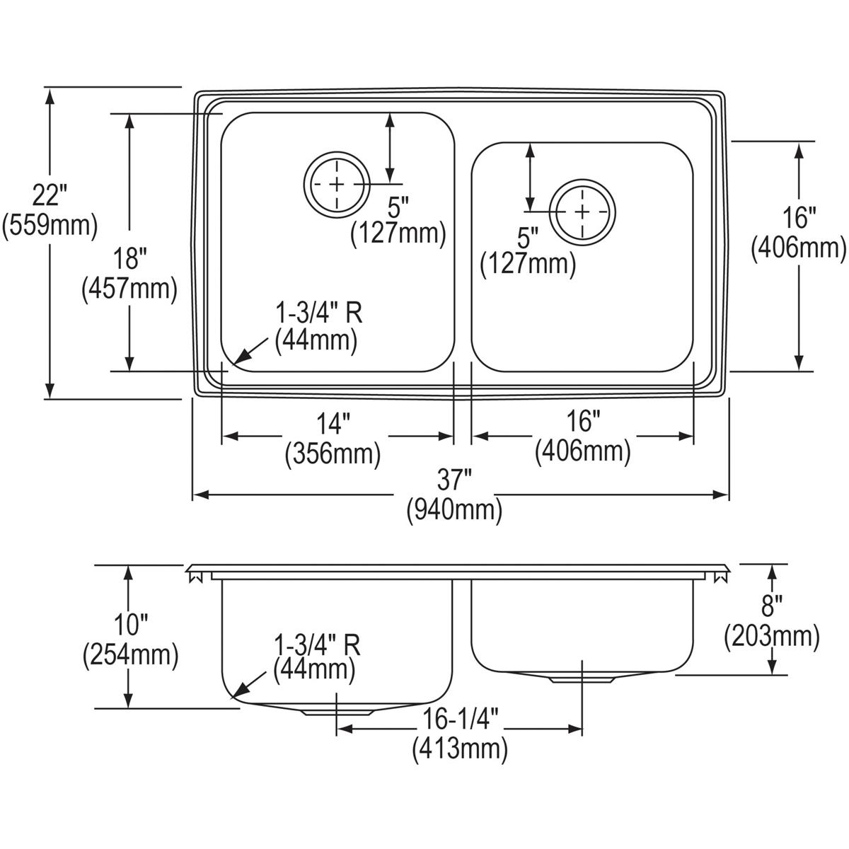 Stainless steel double bowl drop-in sink with offset design, 37" wide, showing top and side technical dimension diagrams.