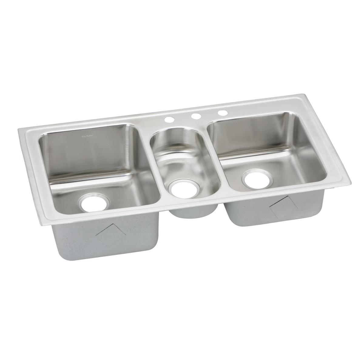 Stainless steel triple bowl drop-in sink with brushed finish and three faucet holes along the rim.