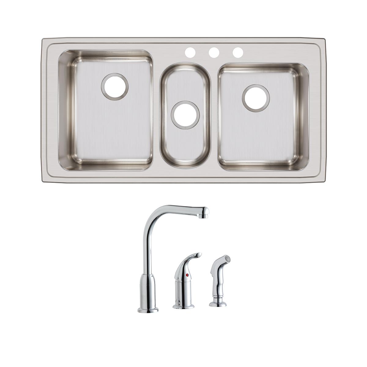 Stainless steel triple bowl drop-in sink with three faucet holes and matching chrome faucet with sprayer.