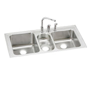 Stainless steel triple bowl drop-in sink with chrome faucet and spray attachment.