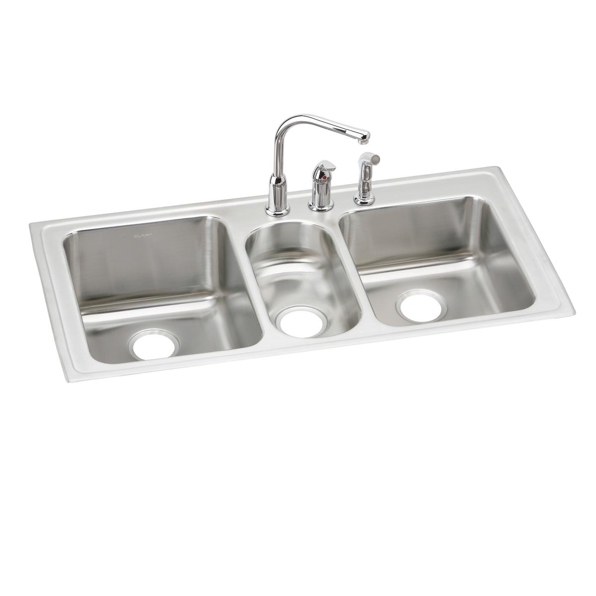 Stainless steel triple bowl drop-in sink with chrome faucet and spray attachment.