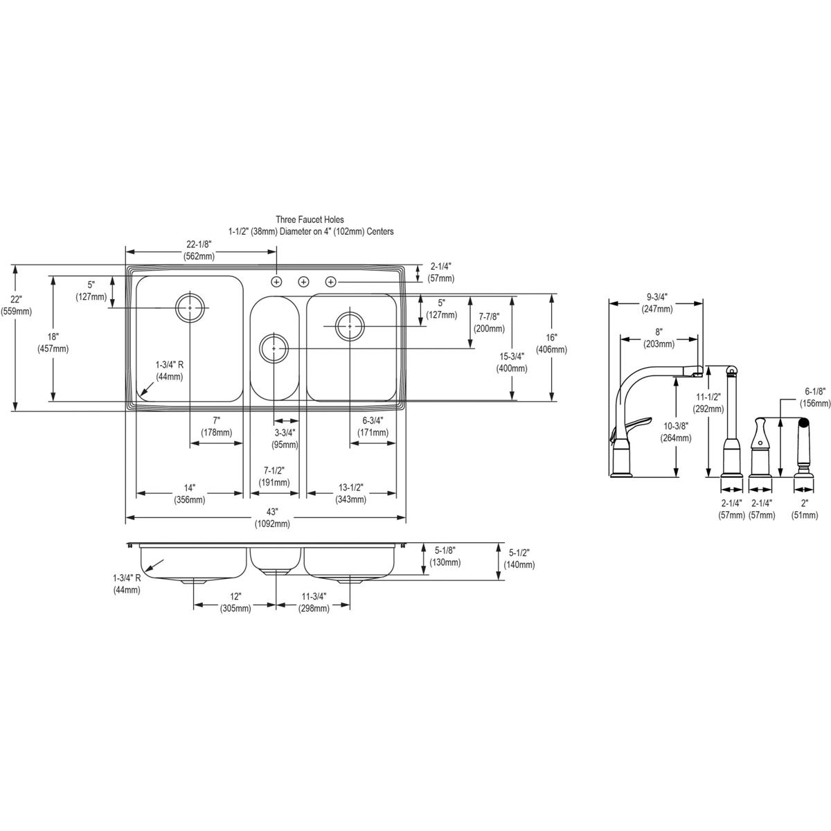 Stainless steel triple bowl drop-in sink with faucet kit, showing top and side views with detailed measurements and three fau