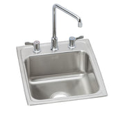 Stainless steel drop-in bathroom sink with single bowl, white rim, and chrome faucet with two handles.
