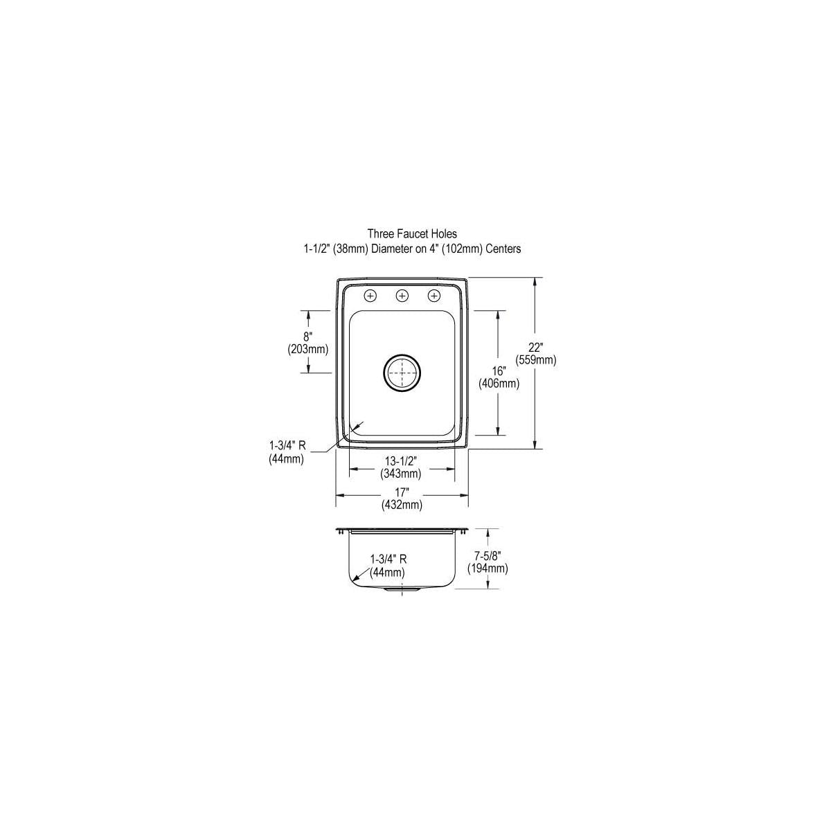 Stainless steel single bowl bathroom sink with three faucet holes and detailed dimension specifications.