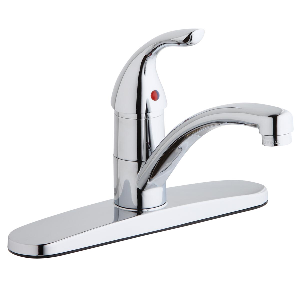 Chrome kitchen faucet with single lever handle, curved spout, and wide deck plate mounted on sink.