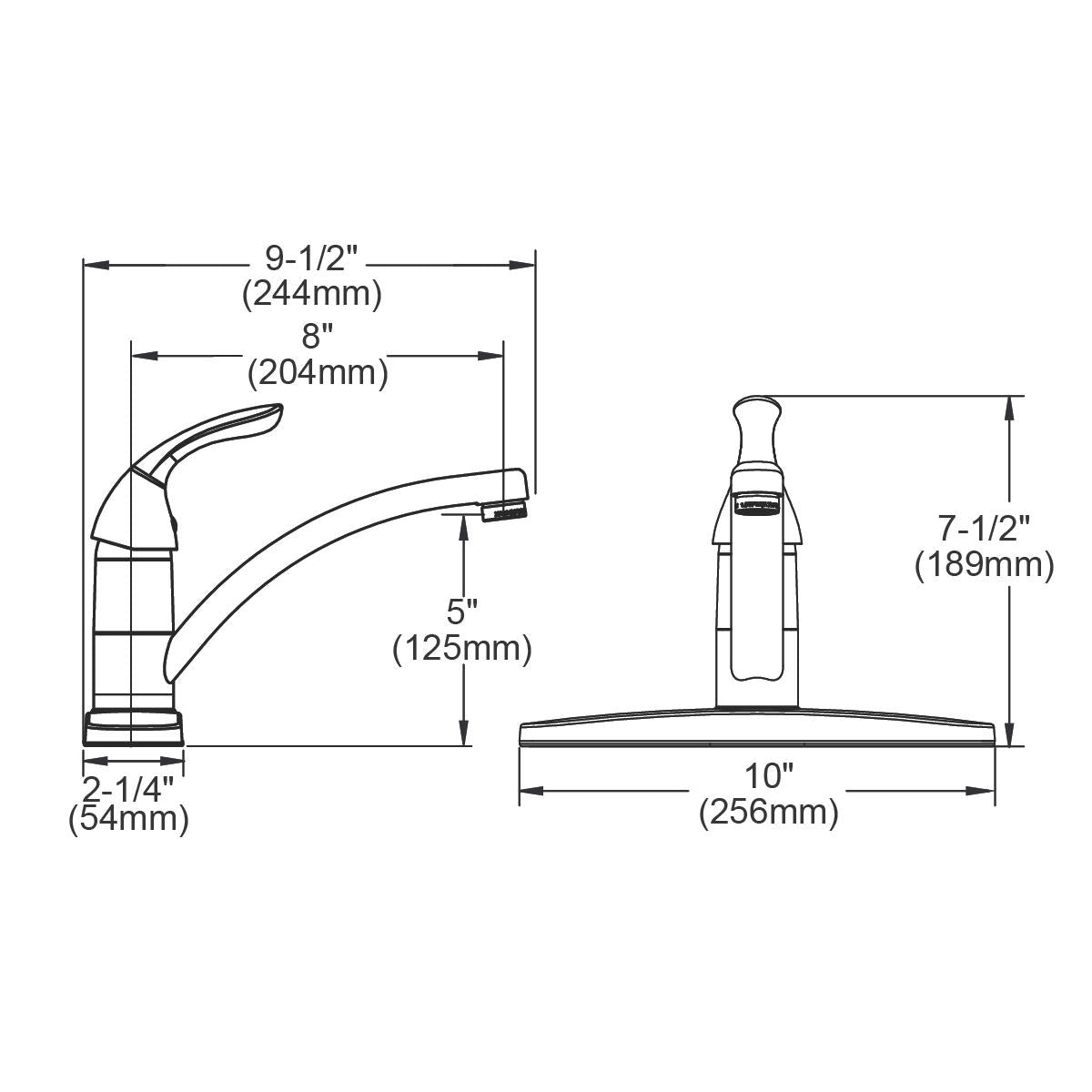 Chrome kitchen faucet with single lever handle, curved spout, and deck plate shown in front and side technical drawings with 