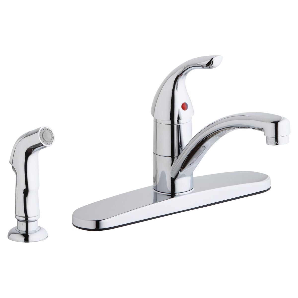 Chrome kitchen faucet with single lever handle, curved spout, side spray, and oval deck plate.