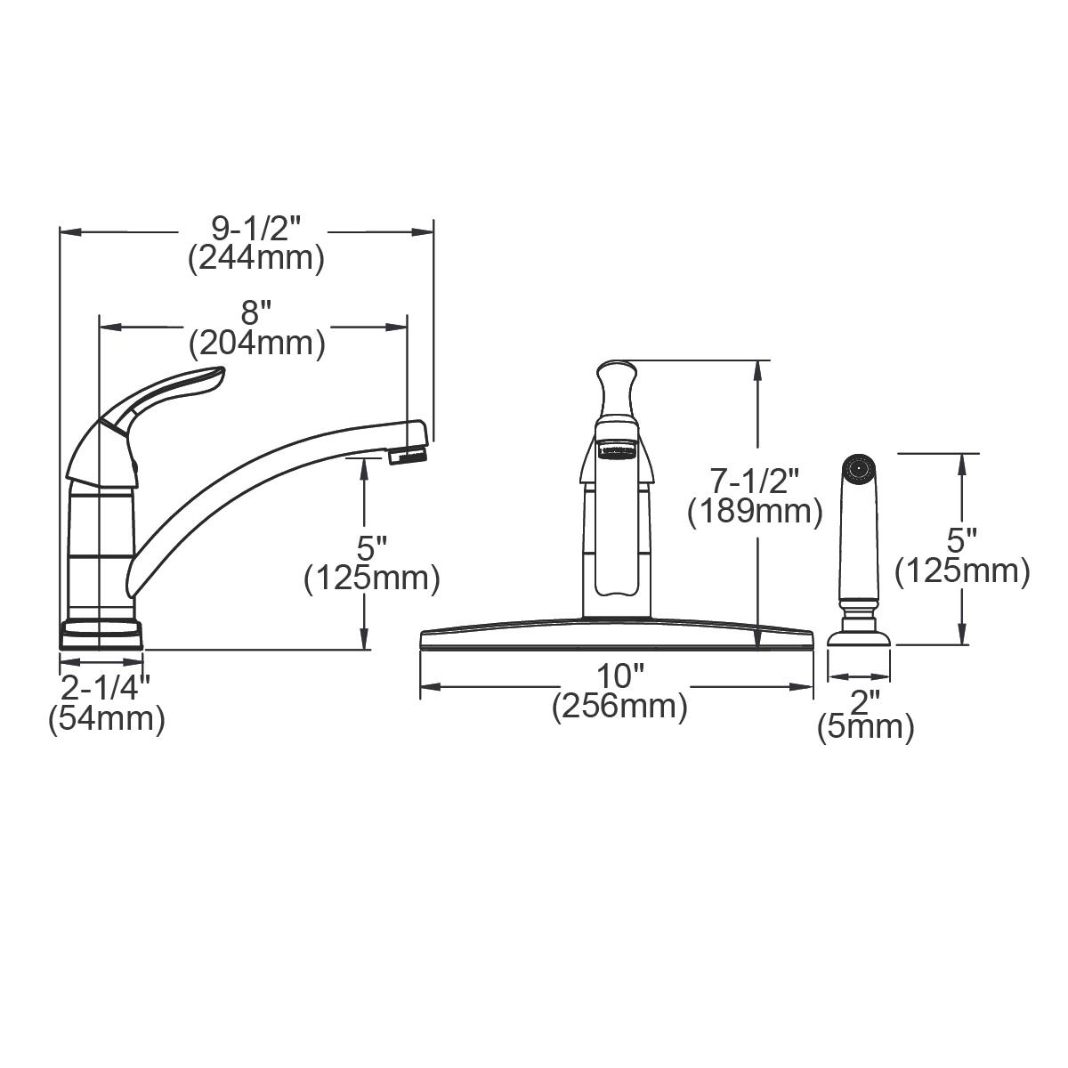 Chrome kitchen faucet with curved spout, lever handle, side spray, and deck plate shown with dimensions.