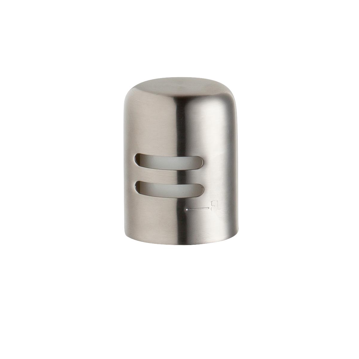 Cylindrical stainless steel air gap cap with two horizontal slotted openings and brushed satin finish.