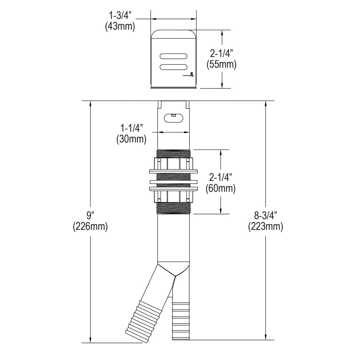 Chrome faucet air gap with cap and threaded base, shown with dimension specifications and installation diagram.
