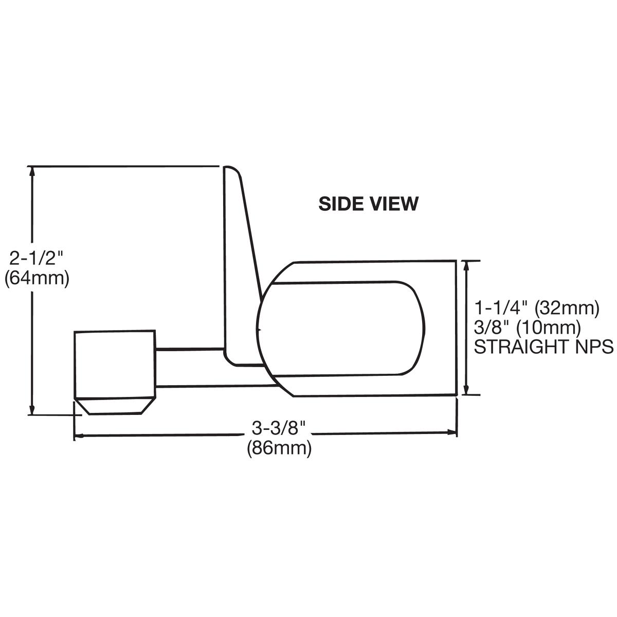 Chrome glass filler with curved spout and straight pipe connection, side view technical drawing with dimensions.