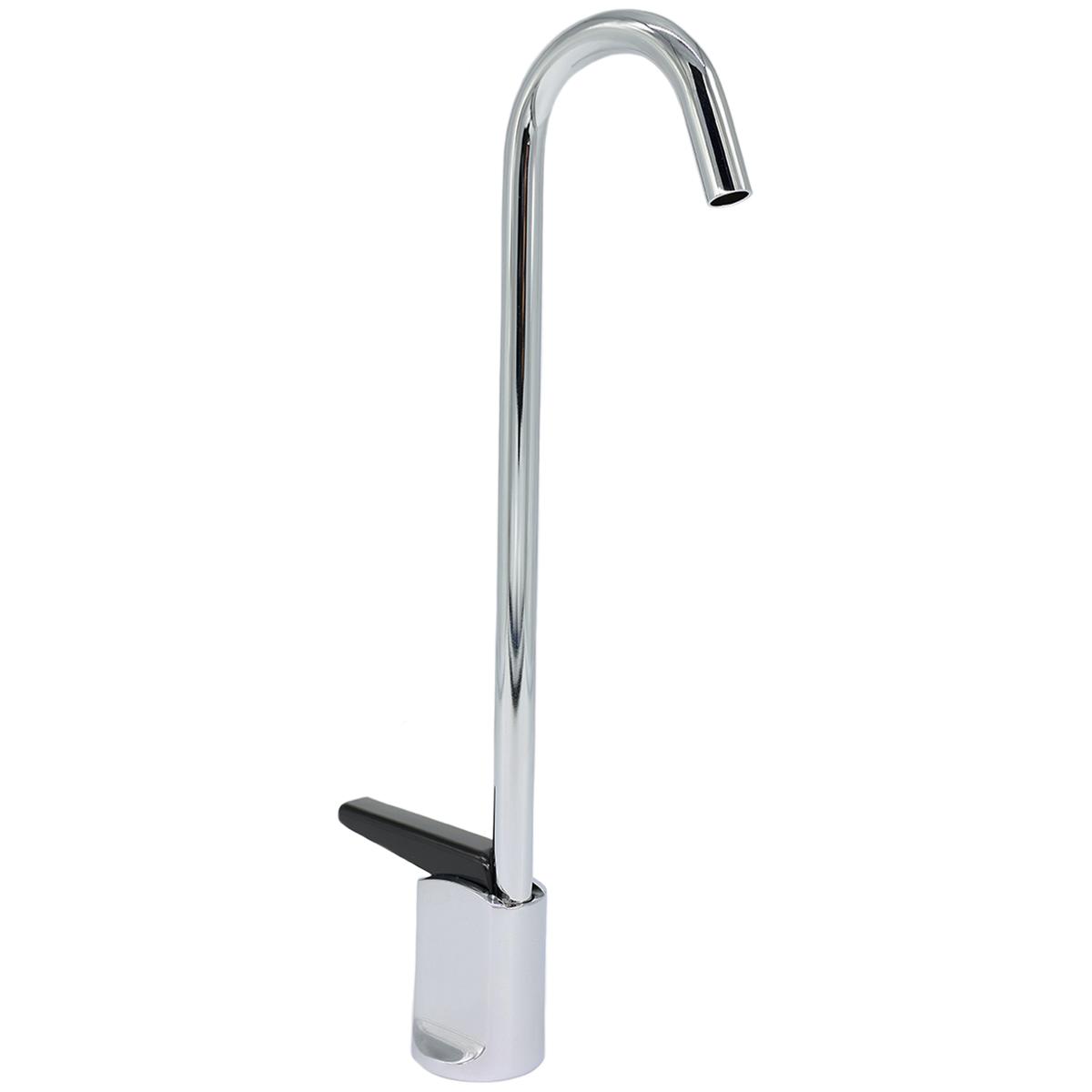 Chrome glass filler with tall curved spout, white base, and black handle lever.