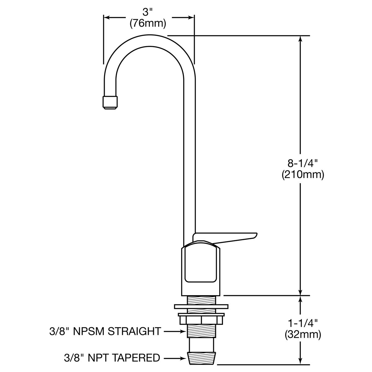 Tall arc spout glass filler with single lever handle and threaded base connection, 8-1/4 inches high.