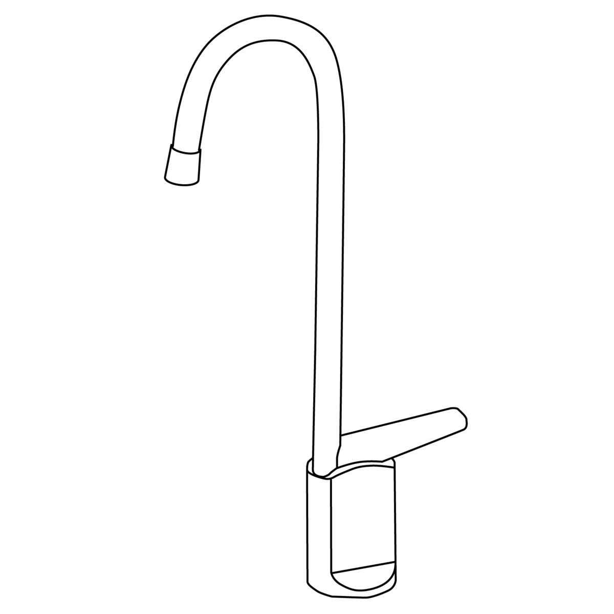Tall faucet with curved spout and single lever handle, shown in line drawing style.