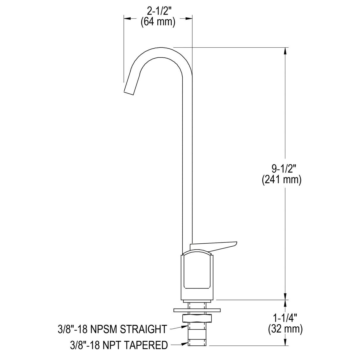 Tall curved glass filler with arched spout, 9-1/2 inches high, 2-1/2 inches wide, with 3/8-inch threaded base connections.