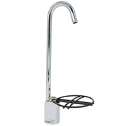 Chrome glass filler with curved spout, white base, and black circular foot ring with cord attachment.