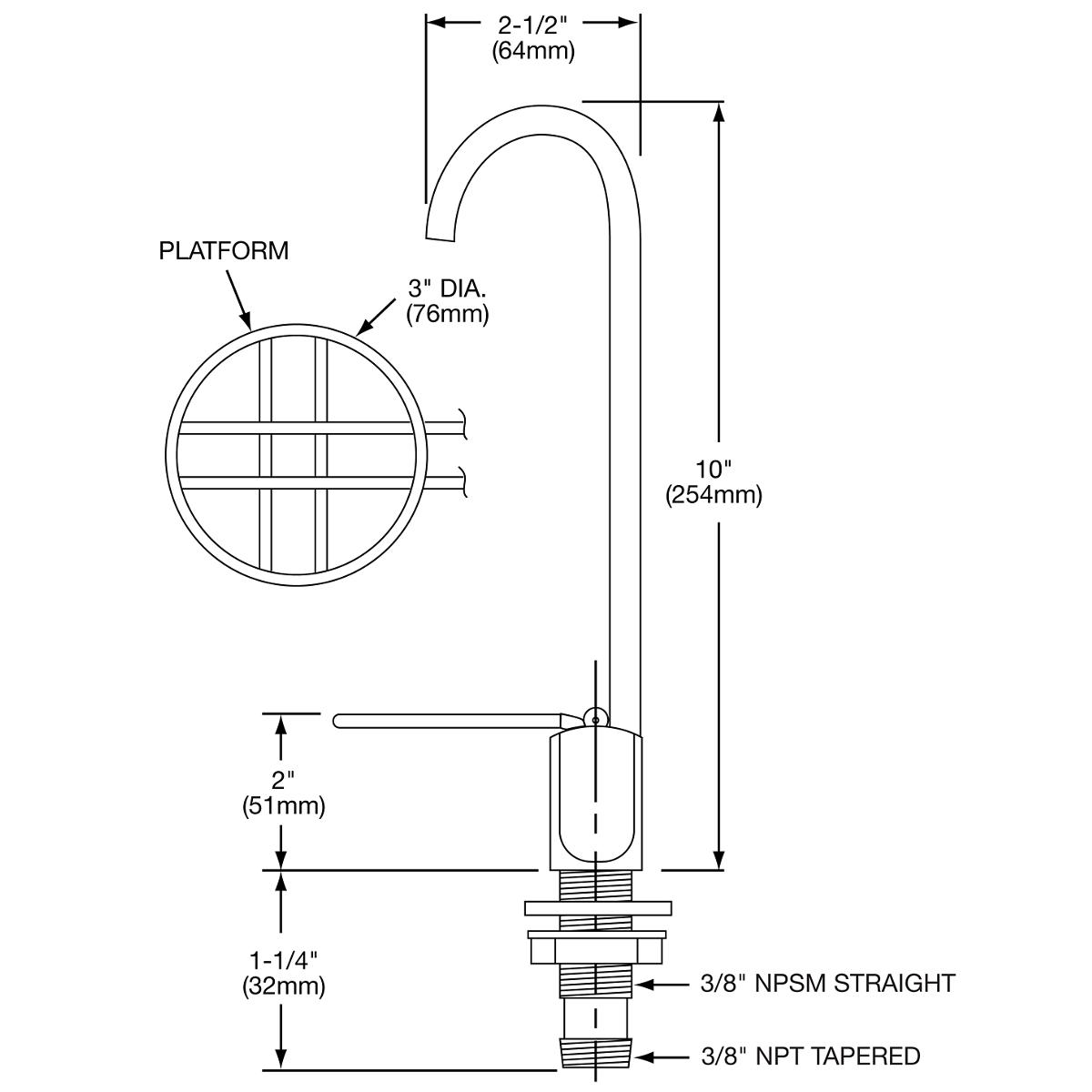 Chrome glass filler with 3-inch diameter platform, curved spout, and 10-inch height with threaded base connections.