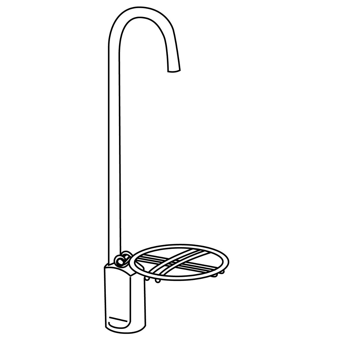 Chrome glass filler with tall curved spout and circular basin with grid pattern at base.