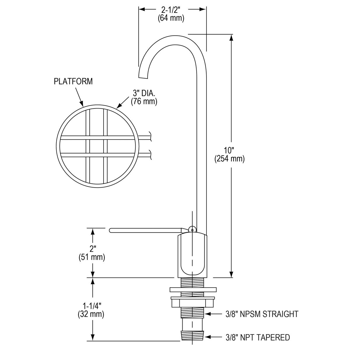 Chrome glass filler with curved spout, 3-inch diameter circular platform, and threaded base connections.