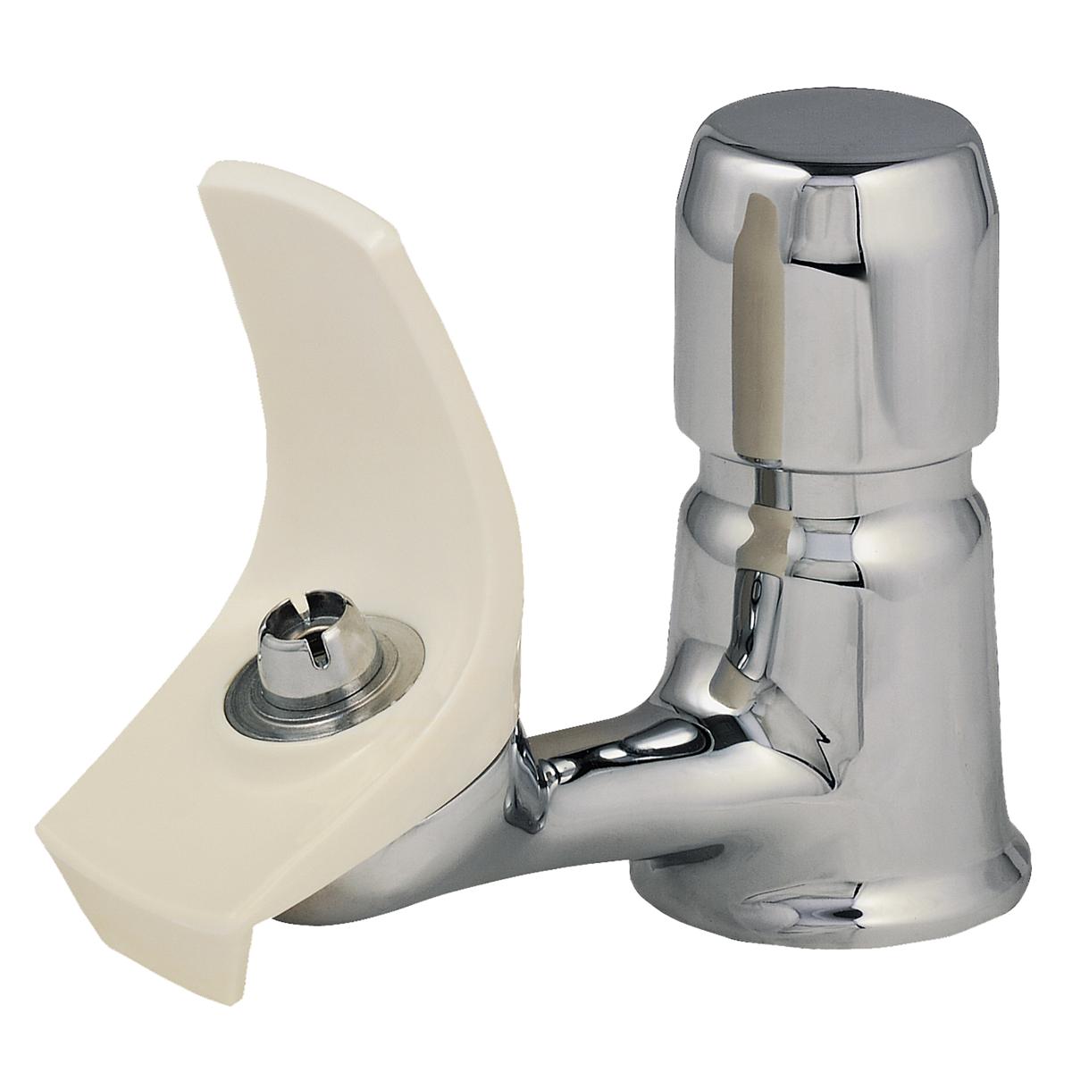 Stainless steel wall-mounted water fountain with cream-colored guard and chrome spout lever.