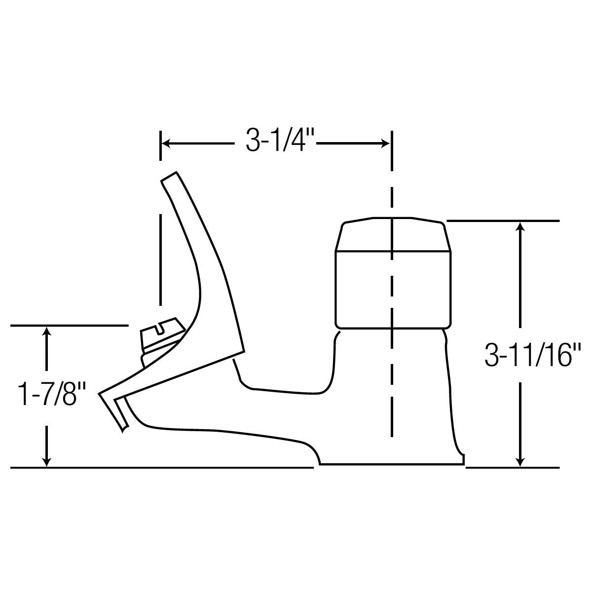 Stainless steel classroom water fountain with foot pedal and curved drinking spout, shown in side view with dimensions.