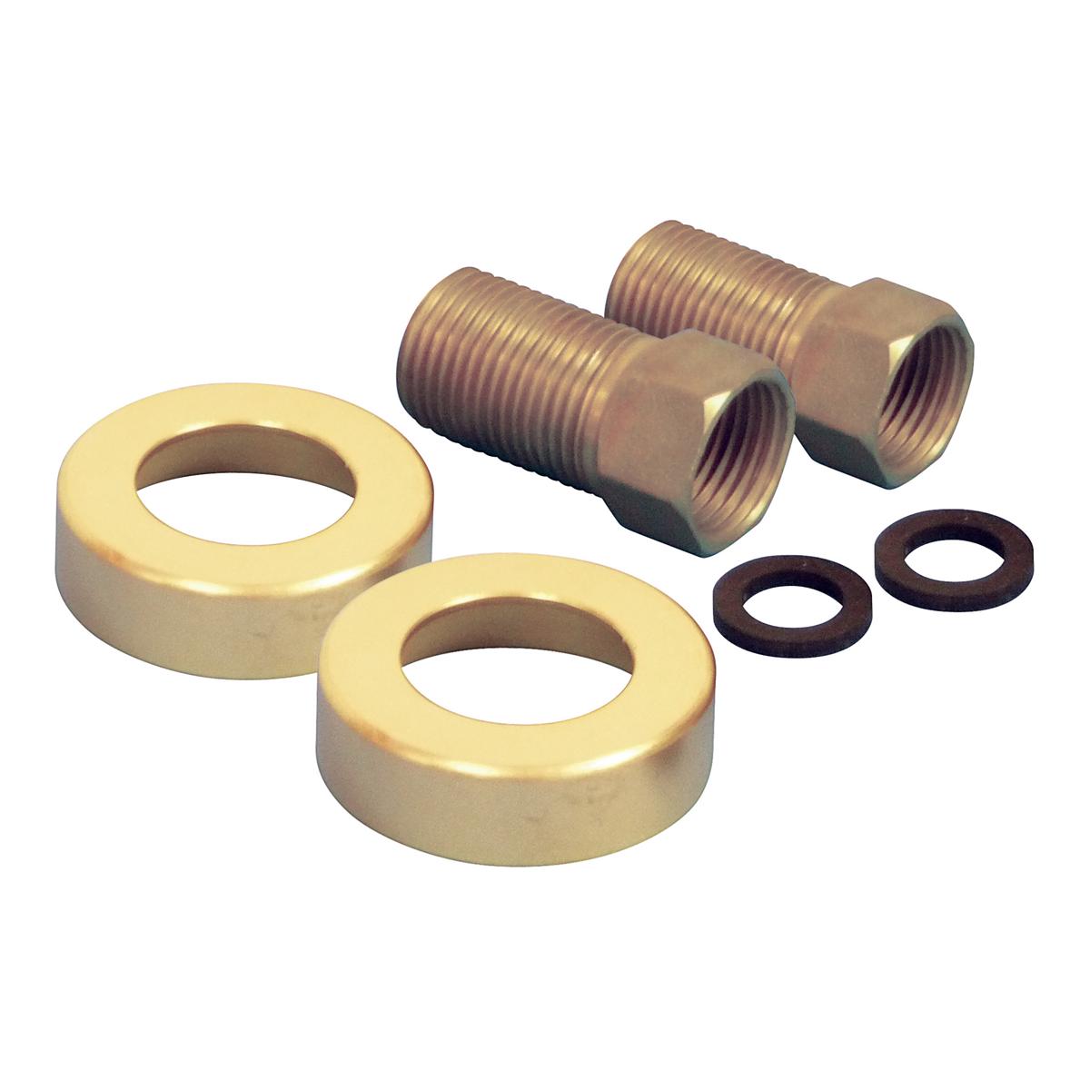 Brass faucet extension kit with two threaded connectors, two brass washers, and two rubber seals.