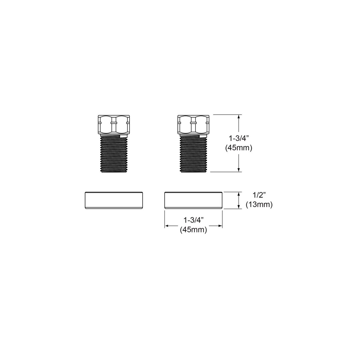 Technical diagram showing threaded faucet extension components with hex connectors and dimensional specifications in inches a