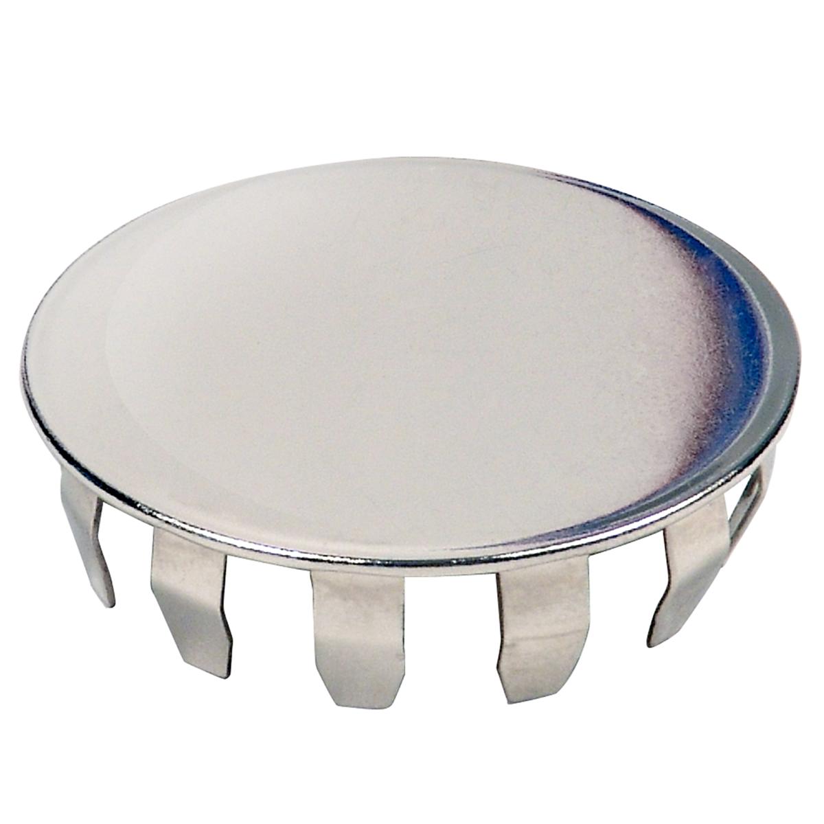 Brushed stainless steel snap-in faucet hole cover with circular top and grip tabs underneath.