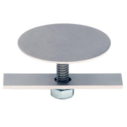 Brushed stainless steel faucet hole cover with bolt-on mounting hardware and circular cap.