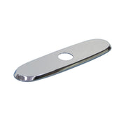 Chrome deck plate with one visible hole and rounded edges for faucet mounting.