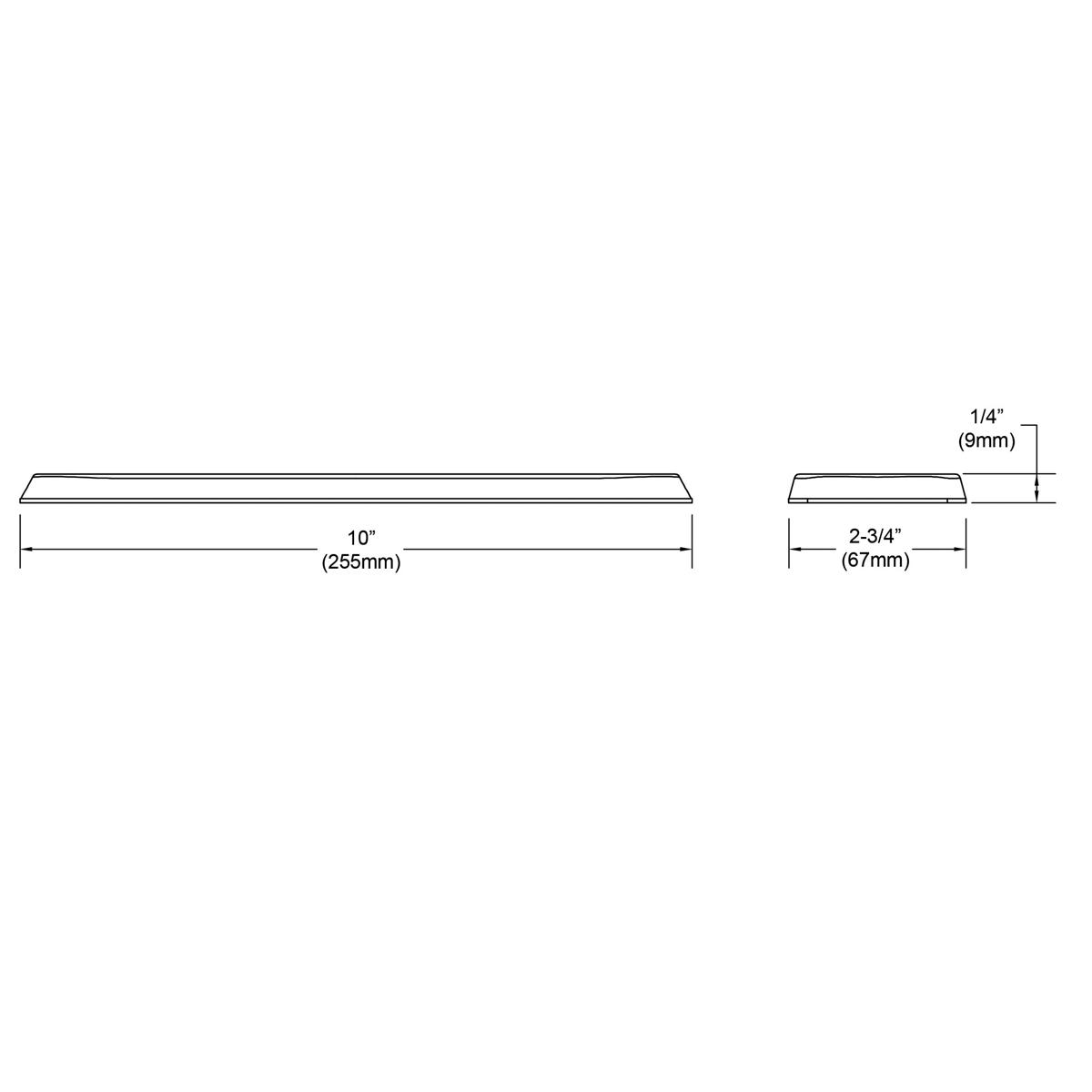 Chrome 3-hole deck plate with dimensions of 10 inches long and 2-3/4 inches wide.