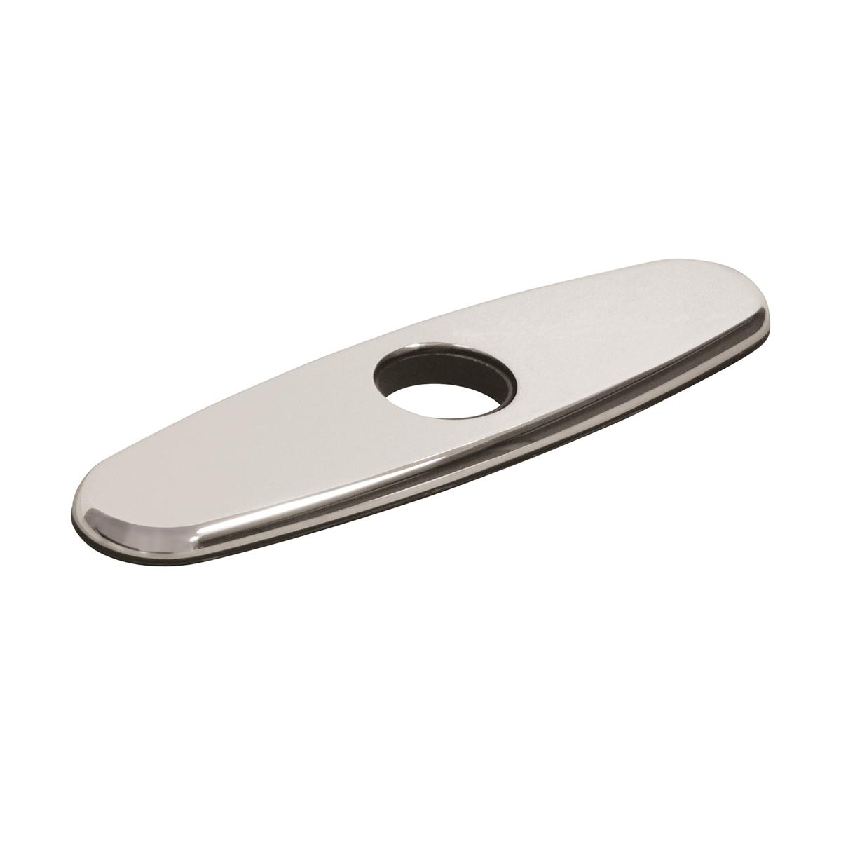 Lustrous steel deck plate with single circular hole and rounded edges.
