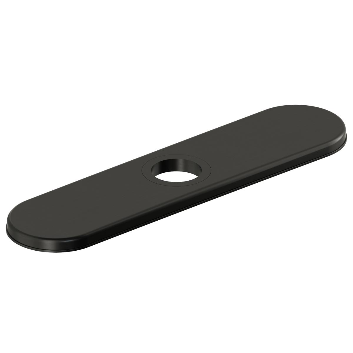 Black stainless steel deck plate with one center hole and rounded edges.
