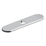 Chrome oval deck plate with single center hole for faucet installation.