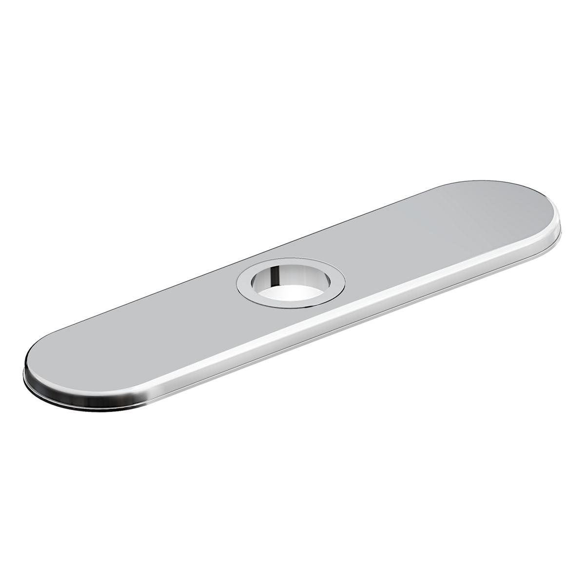 Chrome oval deck plate with single center hole for faucet installation.