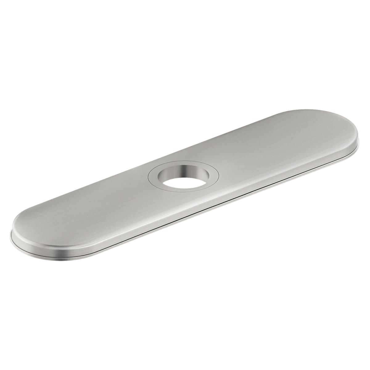 Lustrous steel deck plate with one circular hole, elongated oval shape with rounded edges.